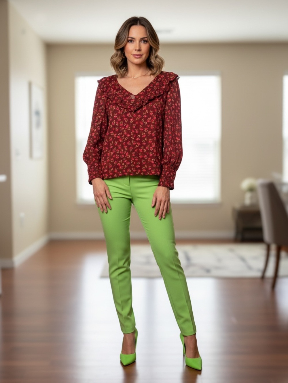 Red Floral Ruffle V-Neck Blouse ONLY